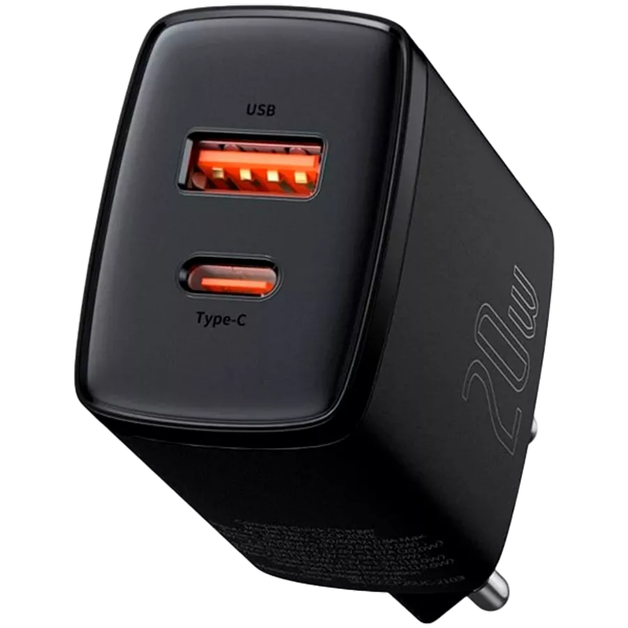 BASEUS Προσαρμογέας ρεύματος 2*USB/USB-C, 20 βατ, Μαύρος — Εικών №1