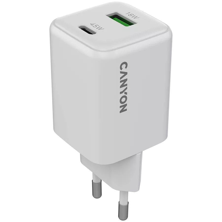 CANYON Power Adapter 2*USB/USB-C, 45 W, White USB Type C, USB Type-A — Image №1