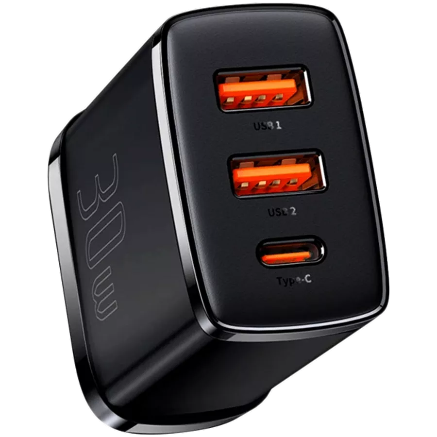 BASEUS Προσαρμογέας ρεύματος 3*USB/USB-C, 30 βατ, Μαύρος 2*USB Type-A, USB Τύπος C — Εικών №1